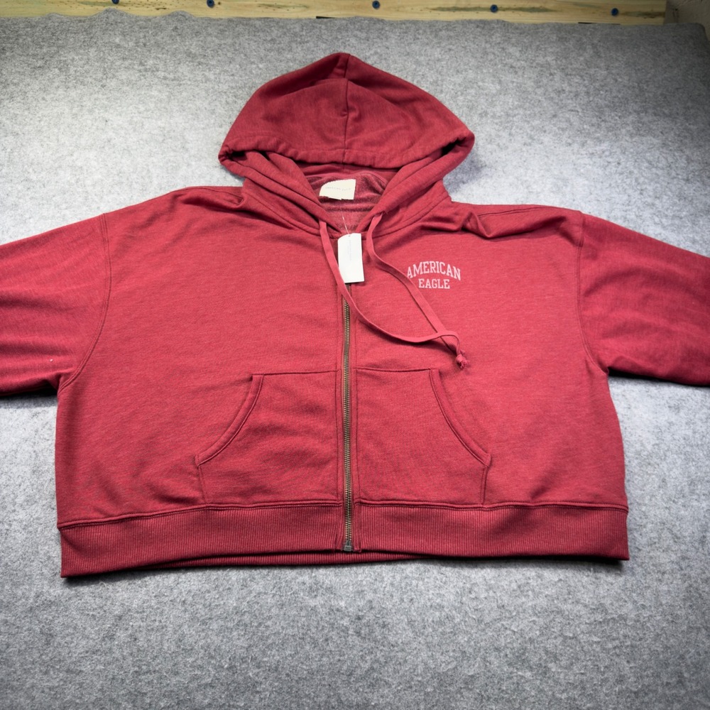 American Eagle Full Zip Hoodie Women XL Red New Cropped Logo Sweatshirt